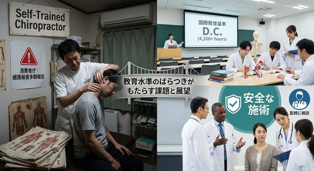 カイロプラクティックによる健康被害を防ぐために知っておくべき「資格」の実情。国家資格が存在しない日本の現状と、WHO推奨の国際基準との大きな格差とは？施術院選びで失敗しないためのチェックポイントと、安全な施術を受けるために必要な知識を解説します。