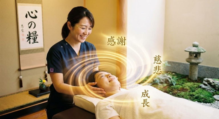 穏やかな和の空間で患者の頭部に触れる女性カイロプラクター。周囲に「感謝」「慈悲」「成長」「心の糧」という文字が浮かび、カイロプラクターの仕事のやりがいを象徴するイメージ画像。