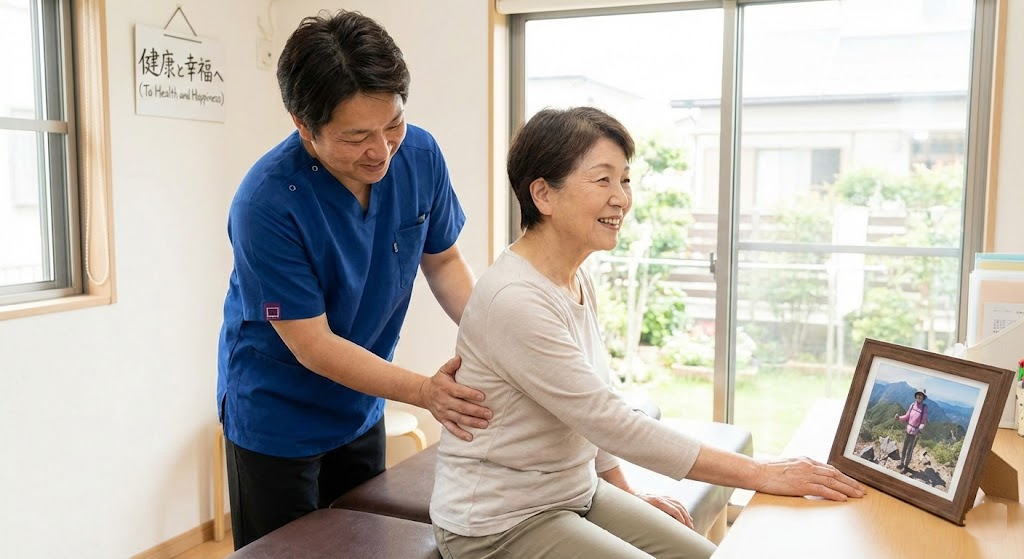 明るい室内で、笑顔の女性患者の背中に手を添えて施術・カウンセリングを行う、青いスクラブ姿の日本人男性カイロプラクター