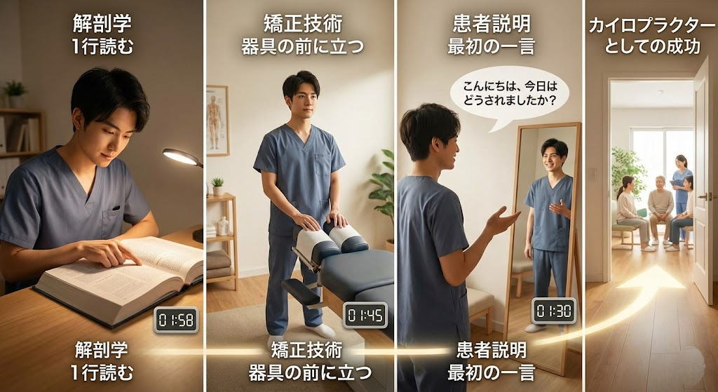 多くの若手治療家が悩む「継続」の壁。カイロプラクターとして成功する人とそうでない人の違いとは？脳科学に基づいた「習慣の複利効果」を知れば、勉強も練習も苦になりません。あなたのキャリアを変える「2分間」の使い方とは？