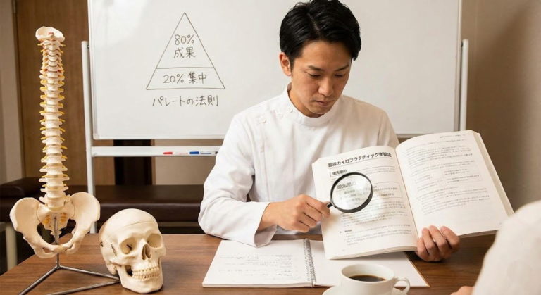 治せる治療家になるためのカイロプラクターの勉強法とは？解剖学などを全て丸暗記するのではなく、臨床で使える知識に「メリハリ」をつけることが重要です。診断の80%を占める問診の極意や、パレートの法則を応用した思考法を、米国D.C.の榊原学長が解説します。