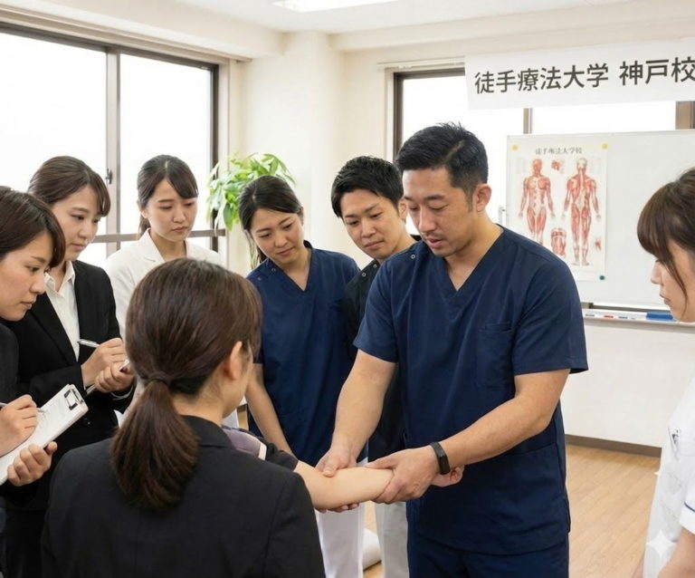 徒手療法大学神戸校にて徳山先生による「神経マニピュレーション（腕神経叢）」の実技講習が開催されました 。医学知識がない方にも分かりやすく「神経の絞扼と解放」の仕組みを解説 。熱気に満ちた学びの現場を学長がレポートします。
