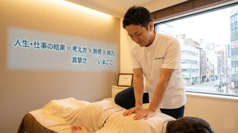稲盛和夫氏の「人生の方程式」をカイロプラクティック臨床に応用。治療結果を左右するのは技術だけでなく、患者への「真摯さ（考え方）」です。準備、施術中の集中（いまここ）、そして信頼関係の構築について、徒手療法大学学長が学生に向けて綴る必読コラム。