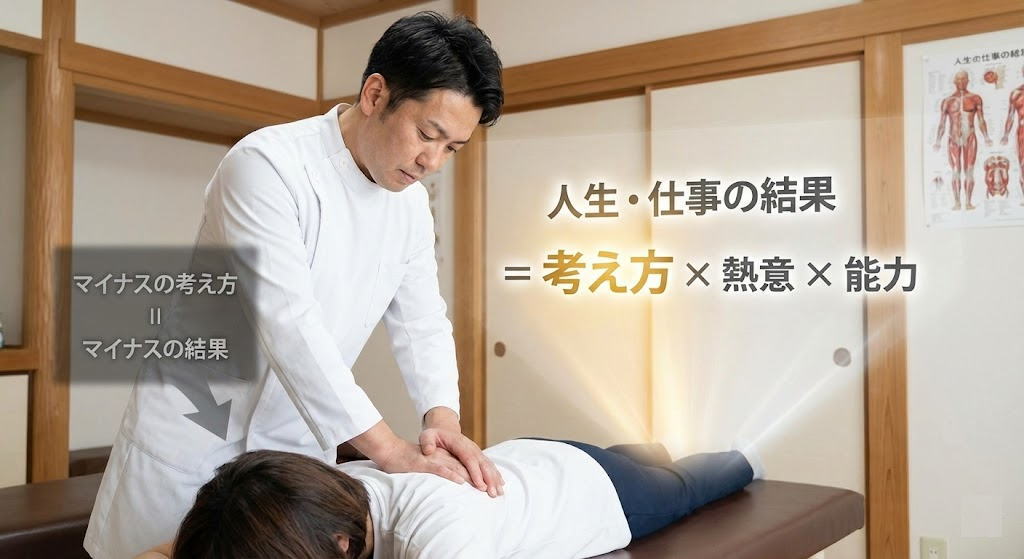 カイロプラクターを目指す学生必読。なぜ技術だけでは良い治療家になれないのか？稲盛和夫氏の「人生の方程式」を基に、徒手療法大学学長がプロに不可欠な「考え方」を説く。患者さんへの真摯さ、準備、そして「いまここ」への集中が、将来の治療結果を劇的に変える。
