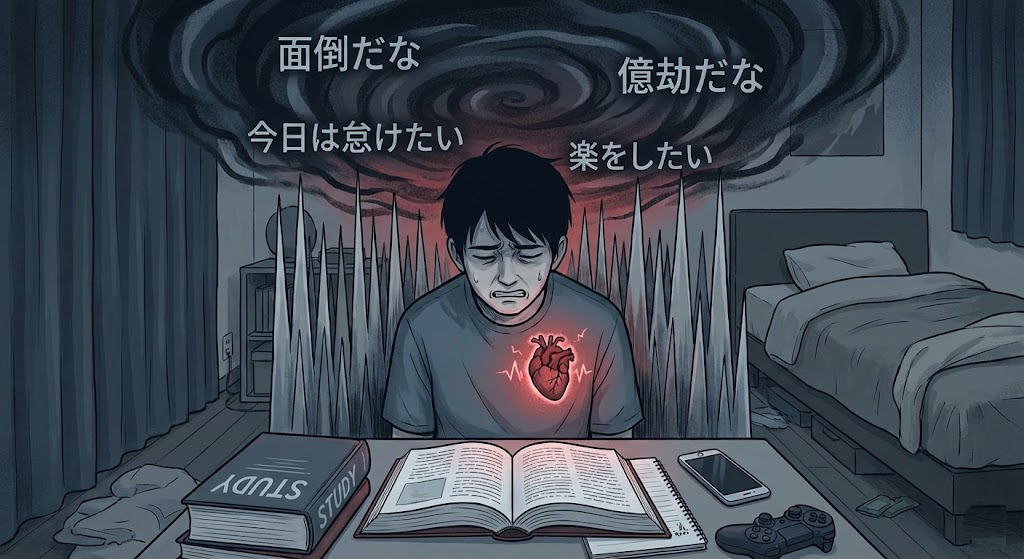 勉強が続かない原因である「面倒」「億劫」といった不快な感情の渦と、それによって生じる心理的障壁(棘)に苦悩する人物のイラスト。三日坊主の心理状態を可視化。