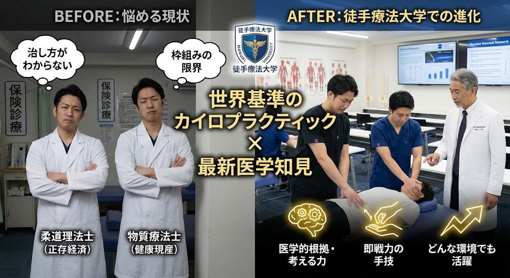 徒手療法大学が選ばれる理由のイメージ図。左側は臨床現場で「治し方がわからない」と悩む柔道整復師や理学療法士。右側は当校で世界基準のカイロプラクティックと最新の医学知見を学び、医学的根拠のある即戦力として成長している様