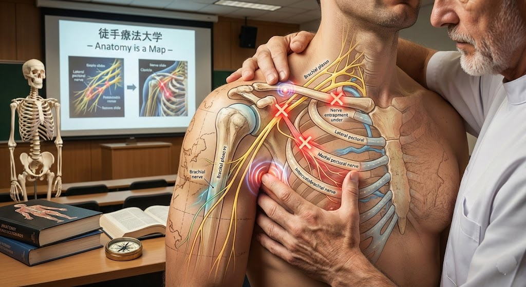 治療家にとって解剖学は「地図」です。徒手療法大学神戸校で行われた「神経マニピュレーション」講習から、正中神経・尺骨神経への具体的アプローチを紹介。知識を技術に変え、痛みの原因を「線」で捉えるプロの視点を学びましょう。
