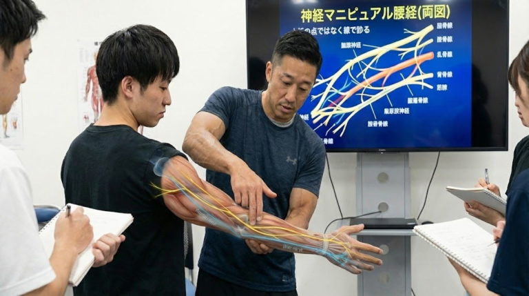 「神経マニピュレーション」で臨床が変わる。解剖学の知識をただの暗記で終わらせず、実践的な治療技術へ昇華させる方法とは？正中神経と尺骨神経を例に、徒手療法大学が重視する「理論と実践の融合」について学長が熱く語ります。