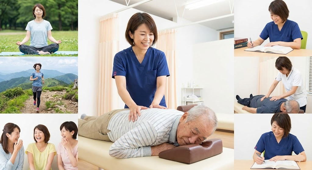 日本人女性カイロプラクターのフォトコラージュ。中央で青いスクラブを着て高齢男性を施術している。周囲には、屋外での瞑想、山道でのランニング、友人との談笑、専門書での勉強をしている様子が配置され、心身の健康と専門性の向上を実践する姿が描かれている。