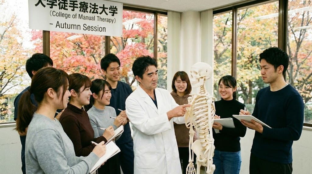 大学徒手療法大学の秋季セッションで、白衣を着た男性講師が人体骨格模型の胸郭を指差し、学生たちに説明している授業風景。窓の外には紅葉が見え、学生たちは熱心にノートを取っている。