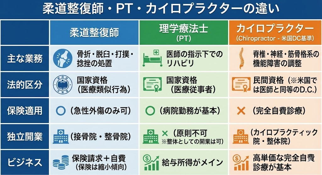 【図解】柔道整復師、理学療法士（PT）、米国基準カイロプラクターの違いを比較した一覧表。主な業務、法的区分（国家資格・民間資格）、保険適用の有無、独立開業の可否、ビジネスモデルについて一目で解説。