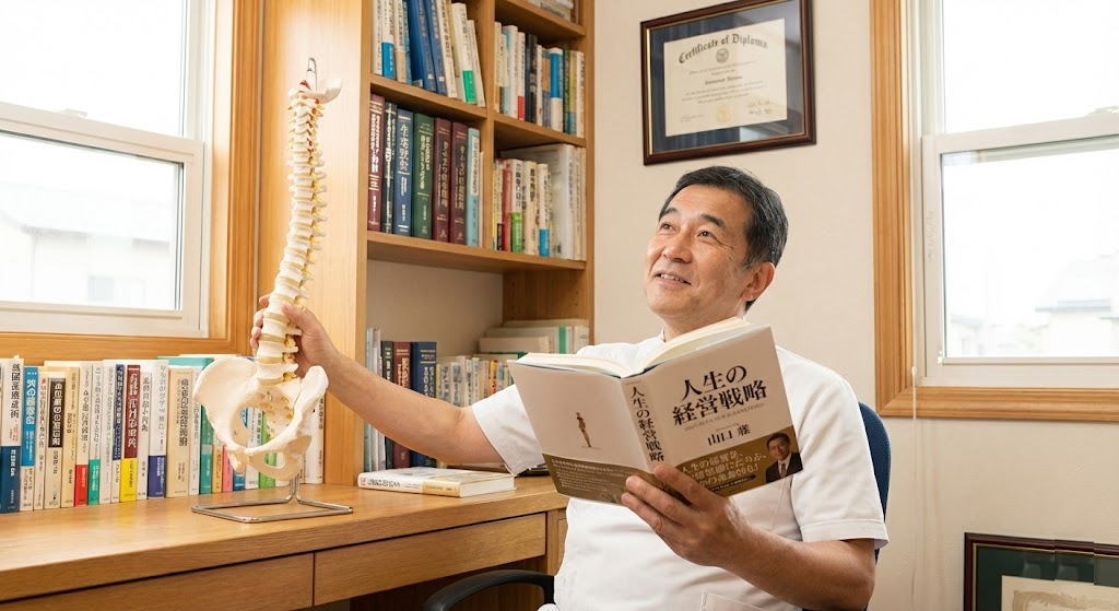 診療室で脊椎模型の横で『人生の経営戦略』を読み、自身の30年のキャリアと重ね合わせているカイロプラクターの様子