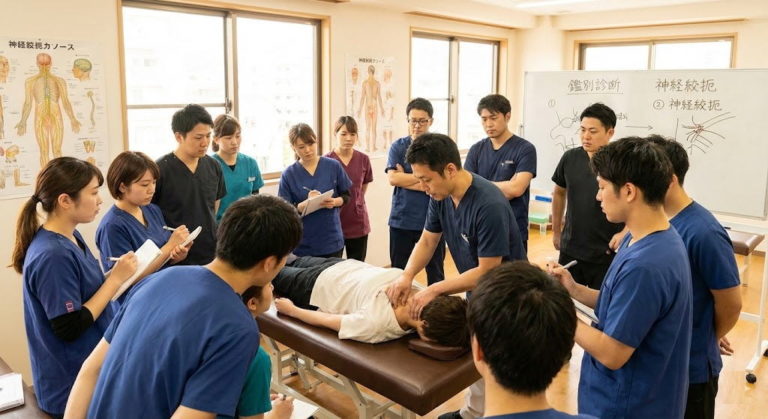 将来のカイロプラクターを目指す受講生たちが熱心に見守る中、講師が徒手療法の技術を実演している講習会の様子。