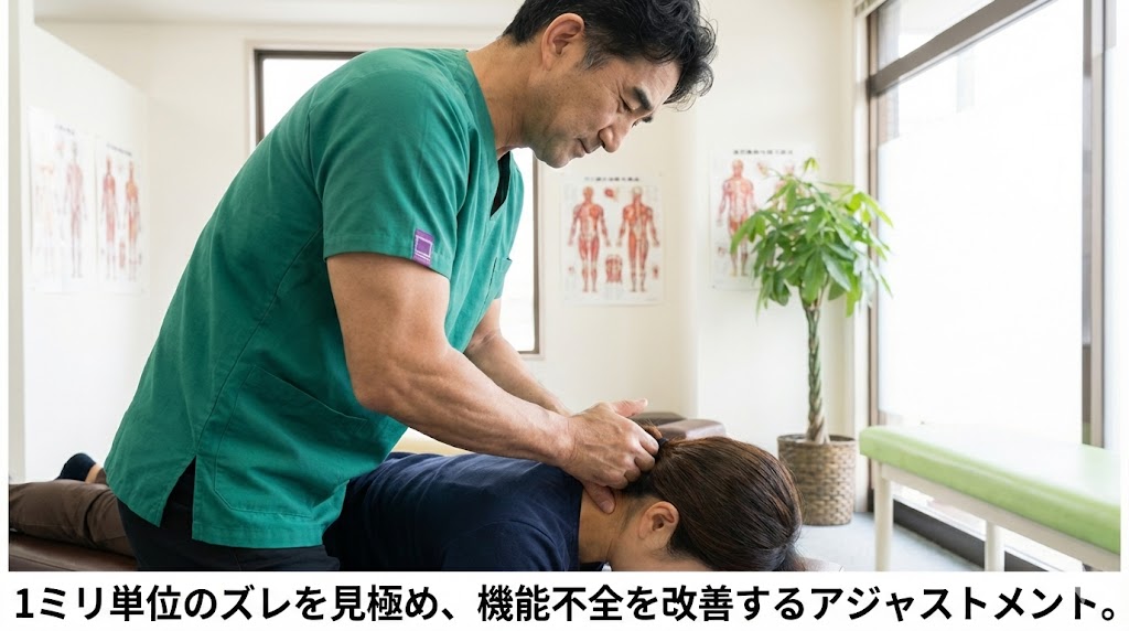 緑色のスクラブを着た男性カイロプラクターが、治療院でベッドにうつ伏せになった女性患者の首(上部頸椎)に両手を添え、慎重にアジャストメント(矯正)を行っている様子。画像下部には「1ミリ単位のズレを見極め、機能不全を改善するアジャストメント。」というテキストが表示されている。