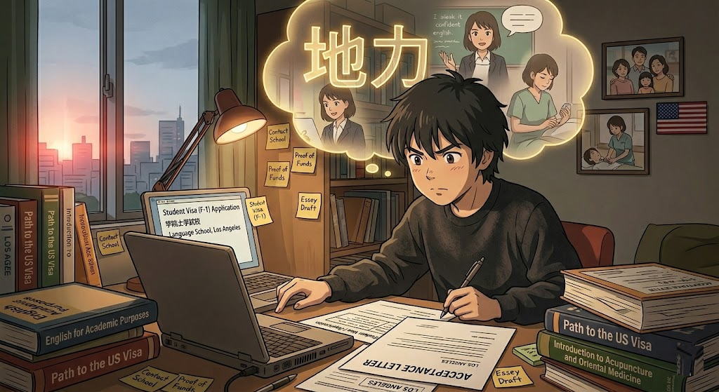 アメリカ留学を目指す日本人男性が、デスクでビザ申請書類や教科書と向き合い、将来の姿を思い描いている様子を描いたアニメスタイルのイラスト。