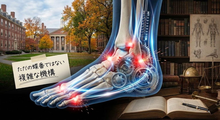 徒手療法大学学長コラム「距腿関節のバイオメカニクス」のアイキャッチ画像。足首の骨格に精密な歯車や光の軌跡を重ね合わせ、ただの蝶番ではない複雑な動きと捻挫のメカニズムを視覚的に表現したイラスト。