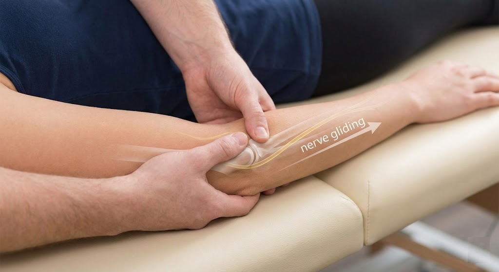 外側上顆炎の治療において、理学療法士が患者の前腕外側部の筋肉や腱に対して徒手療法を行っているクローズアップ写真。親指を使って患部を圧迫し、変性した組織の癒着を解放しようとしている様子