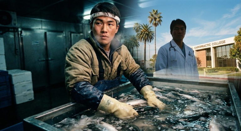 カイロプラクティックのアメリカ留学資金を稼ぐため、日本の魚市場で氷水と格闘する若き日の学長と、夢の舞台であるアメリカのカイロプラクティック大学の前に立つ未来の姿