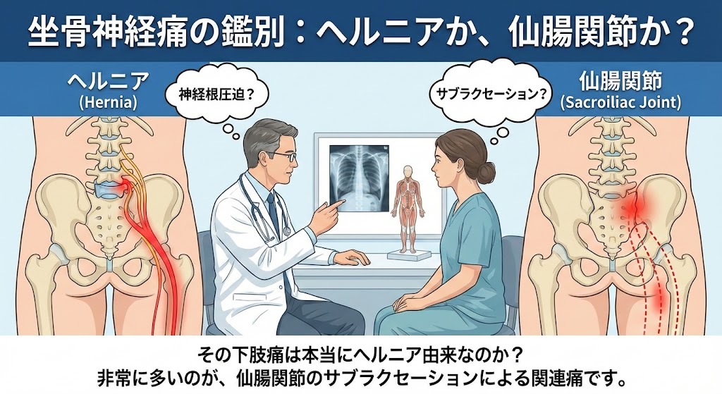 坐骨神経痛の鑑別診断を説明する医療イラスト。医師が患者に、下肢痛の原因が「ヘルニアによる神経根圧迫」なのか、それとも「仙腸関節のサブラクセーションによる関連痛」なのかを鑑別することの重要性を解説している様子が図解されている。