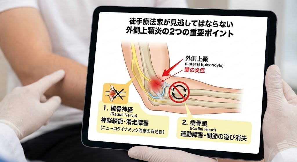外側上顆炎の徒手療法における2つの重要ポイント（橈骨神経と橈骨頭）を解説するタブレット画面