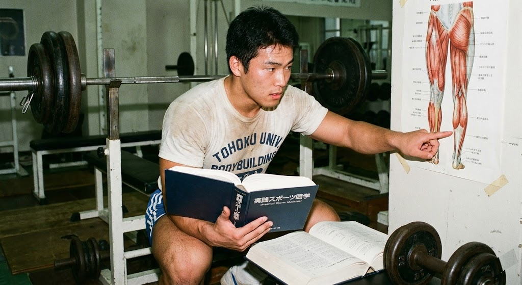東北大学ボディビル部時代の学長が、ジムで「実践スポーツ医学」の本と筋肉の解剖図を見ながら熱心に学んでいる様子。将来のカイロプラクティックへの道につながる、実践的なスポーツ医学への強い探求心がうかがえる一枚。