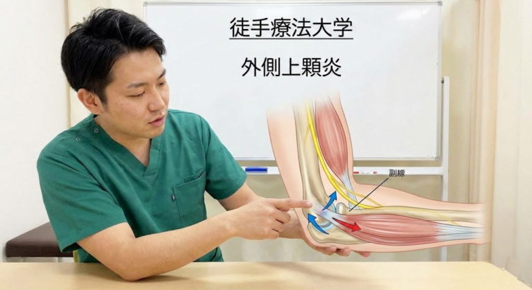 外側上顆炎に対する徒手療法のアプローチを解説するため、緑のスクラブを着た男性が肘関節（橈骨神経・橈骨頭）の解剖図を指差している画像