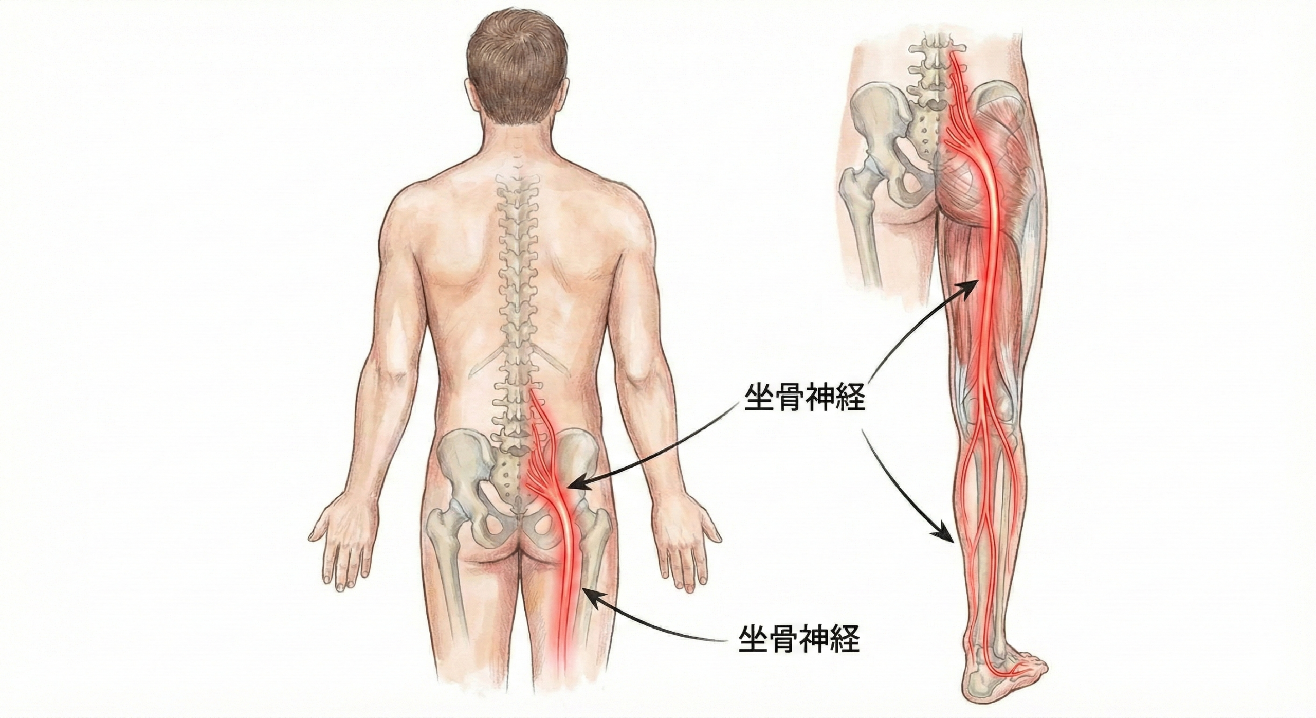人体の背面図と右下肢の解剖図。腰椎から骨盤、臀部を通り、太ももの裏側から足先まで伸びる坐骨神経の走行経路が赤く強調表示されている。