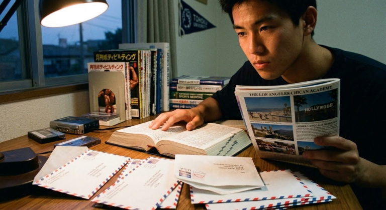 1990年、インターネットがない時代に辞書とエアメールでアメリカ留学の準備を進め、自らの地力を磨く若き日の日本人の姿。