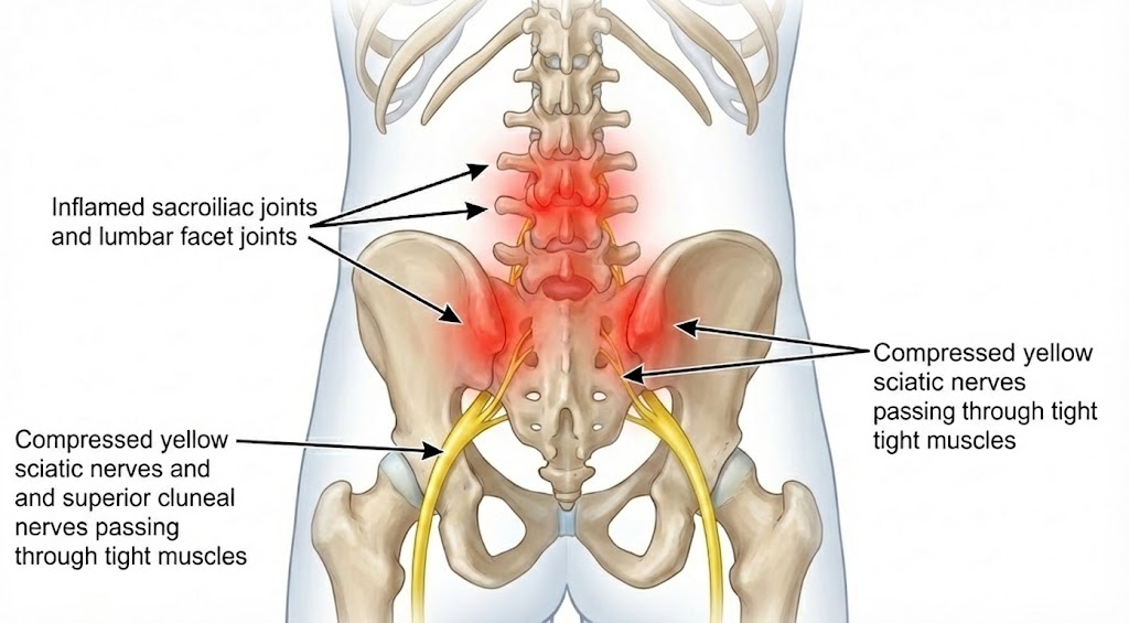 腰痛の原因となる解剖学的な構造を示した医学イラスト。赤く炎症を起こした仙腸関節や腰椎椎間関節、緊張して硬くなった大腰筋や腰方形筋、そしてそれらの筋肉の間を通り圧迫されている黄色の坐骨神経や上殿皮神経が描かれている。複数の原因が複雑に関連し合っている様子を示す図。