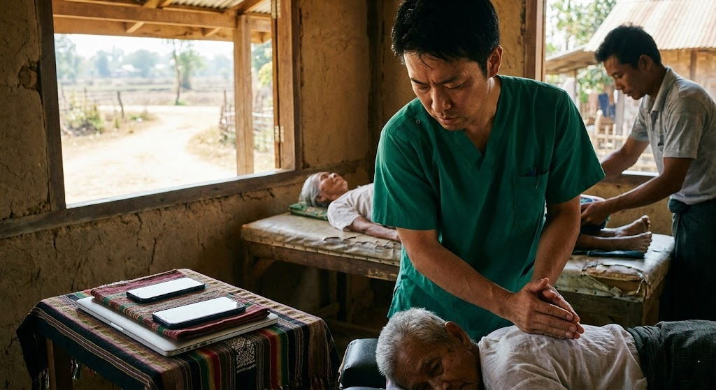 ミャンマーの村で、デジタルデバイスを傍らに置き、深い集中力を発揮して高齢者を治療するカイロプラクターの様子。