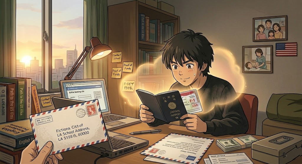 日本人の青年がアメリカ留学への夢を抱き、デスクでパスポートとビザ、合格通知書を確認している様子を描いたアニメスタイルのイラスト。