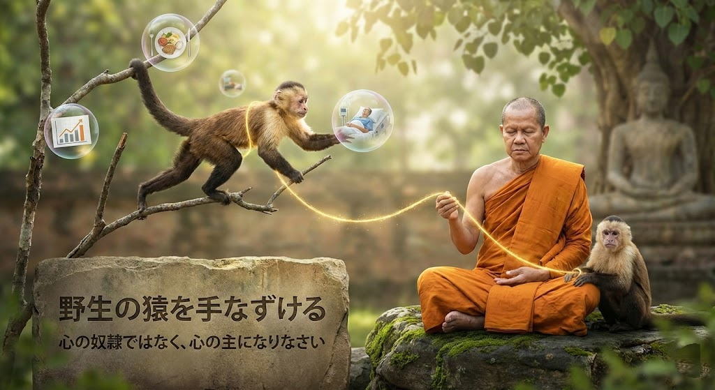 瞑想する僧侶が、欲望の幻影を追う木・の上の猿と、隣で静かに座る猿を金色の光の糸でつないでいる画像。手前の石碑には「野生の猿を手なずける」「心の奴隷ではなく、心の主になりなさい」という日本語のテキストが刻まれている。