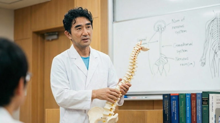 白衣を着た日本人男性講師が、脊柱の解剖模型を手に持ち、ホワイトボードの前で解説を行っている様子