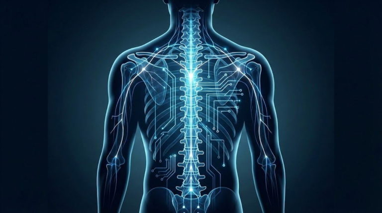 人体の脊柱と神経系に青白い電子回路が重なるイラスト。カイロプラクティックの鑑別診断における論理的思考と解剖学的なつながりを象徴している。