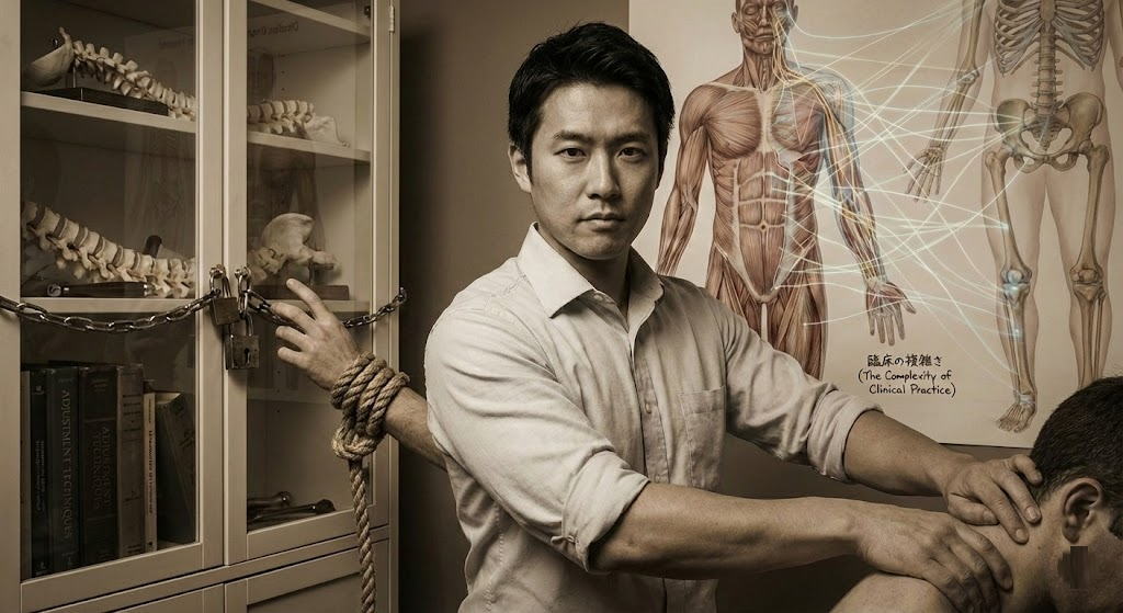 鎖と南京錠で厳重に封印されたキャビネット（中に古い医学書や骨格模型が見える）に、ロープで自身の左腕を縛り付けた日本人男性カイロプラクター。真剣な眼差しでカメラを見つめ、自由な右手で患者の首に徒手療法を行っている。背景には神経系が強調された人体解剖図が貼られている。セピア調のコンセプト写真。