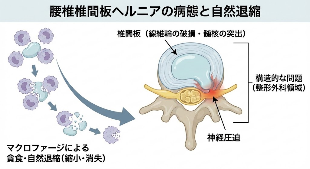 腰椎椎間板ヘルニアの病態メカニズムと自然退縮の図解：椎間板の線維輪亀裂から髄核が突出し、神経根を圧迫して坐骨神経痛を引き起こす様子と、マクロファージの貪食作用によりヘルニアが縮小・消失する過程。脊柱管狭窄症など他疾患との鑑別に重要な構造的変化のイラスト。