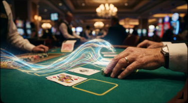 ラスベガスのカジノでブラックジャックをするプレイヤーの手とカード。ギャンブルと人生の共通点である「ツキの流れ」や「潮の満ち引き」が、光り輝くエネルギーの波として表現されている。