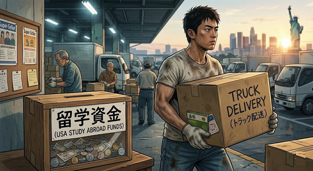 朝焼けのトラックターミナルで、汗だくの男性がトラック配送の荷物を運びながら、銀行通帳と留学 FUND の小冊子を手に、掲示板の就職チラシを無視して、自力でアメリカ留学の資金を貯めるために地力の実践をしている様子。これが後のアメリカ留学でのトラブルを避けるための確固たる一歩となった。