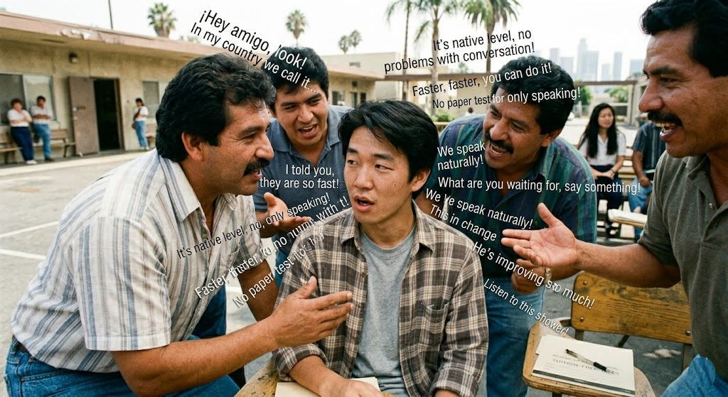 1990年代初頭、ロサンゼルスの無料語学学校の屋外校庭。若い日本人男性が、身振り手振りの激しい南米系の友人たちの賑やかなグループに囲まれている。彼らは一度に急速に話しかけており、彼の周りには彼らの会話（「¡Hey amigo!」「I told you, they are so fast!」「No paper test!」「Listen to this shower!」など）の密集したテキストのシャワーが渦巻いている。彼は圧倒されながらも、熱心に聞いている。ベンチには以前の登録用紙とノートがある。
