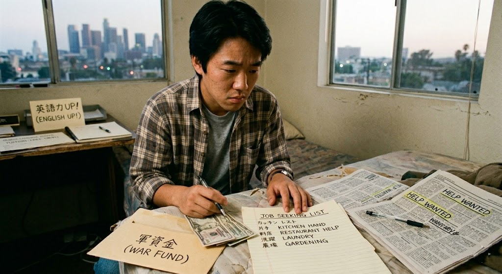 1990年代初頭のロサンゼルスの安アパートで、若い日本人男性が深く真剣な表情で、手持ちの「軍資金（WAR FUND）」と書かれた封筒と、手書きの「仕事探しリスト」を見つめている。窓の外には夕暮れのLAのスカイラインが見える。