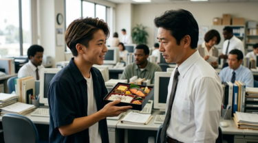 ロサンゼルスでの飛び込み営業で日系企業のオフィスを訪れ、幕の内弁当を差し出す日本人留学生