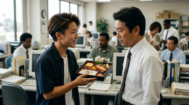 ロサンゼルスでの飛び込み営業で日系企業のオフィスを訪れ、幕の内弁当を差し出す日本人留学生