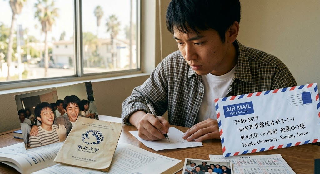 カイロプラクティック大学 入学，1993年LAで筆者が大学時代の友人・佐藤（現・東北大学教授）へエアメールを書いている。デスクには東北大学の住所が書かれた封筒、二人の旧写真、東北大学の資料が置かれている。