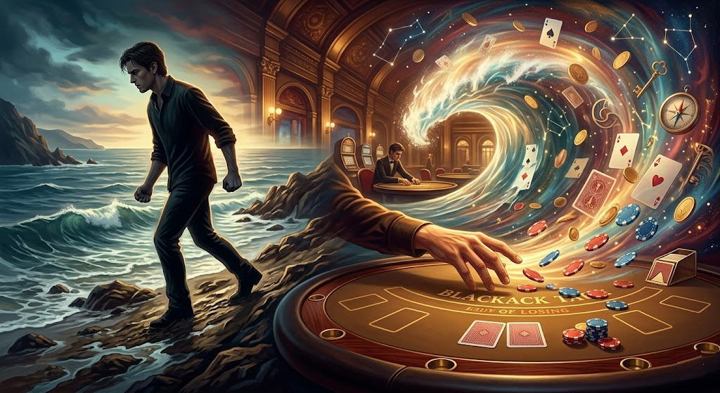 象徴的な Blackjack テーブルの上を、光り輝くエネルギーの波が「潮の満ち引き」のように流れている。ギャンブルと人生の共通点である「ツキの流れ」を、波打つフェルトと流れる光で表現したメタファー画像。