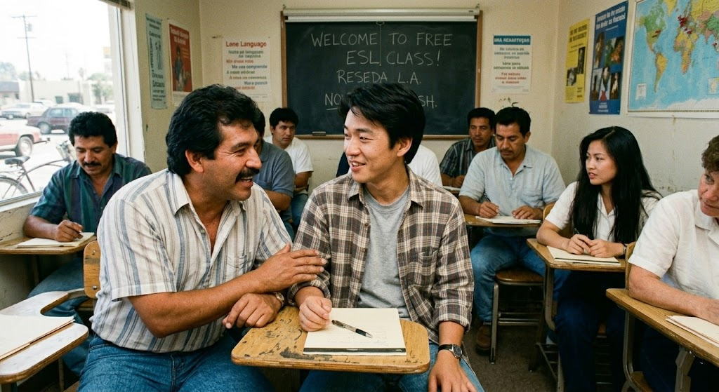 1990年代初頭のロサンゼルス、レシーダにある無料語学学校の教室。中央で、チェック柄のシャツを着た若い日本人男性（主人公）が、隣の口ひげのメキシコ人男性から親しげに肩に手を置かれ、話しかけられている。日本人男性は少し驚きつつも、笑顔で応じている。周囲には南米系やベトナム人の多国籍な生徒が座り、黒板には「WELCOME TO FREE ESL CLASS!」と大きな手書き文字で書かれている。太陽光が差し込む、温かく活気に満ちたドキュメンタリー調の瞬間。