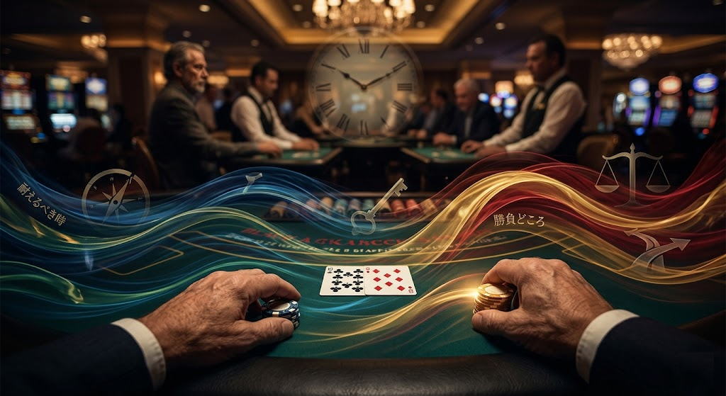 カジノのブラックジャックテーブルで、プレイヤーの視点から手元のカードとチップを見る構図。背景には宙に浮く大きな時計の文字盤、中央には鍵や天秤、方位磁石のアイコンが光のラインと共に描かれ、日本語で「耐えるべき時」と「勝負どころ」という文字が浮かんでいる。