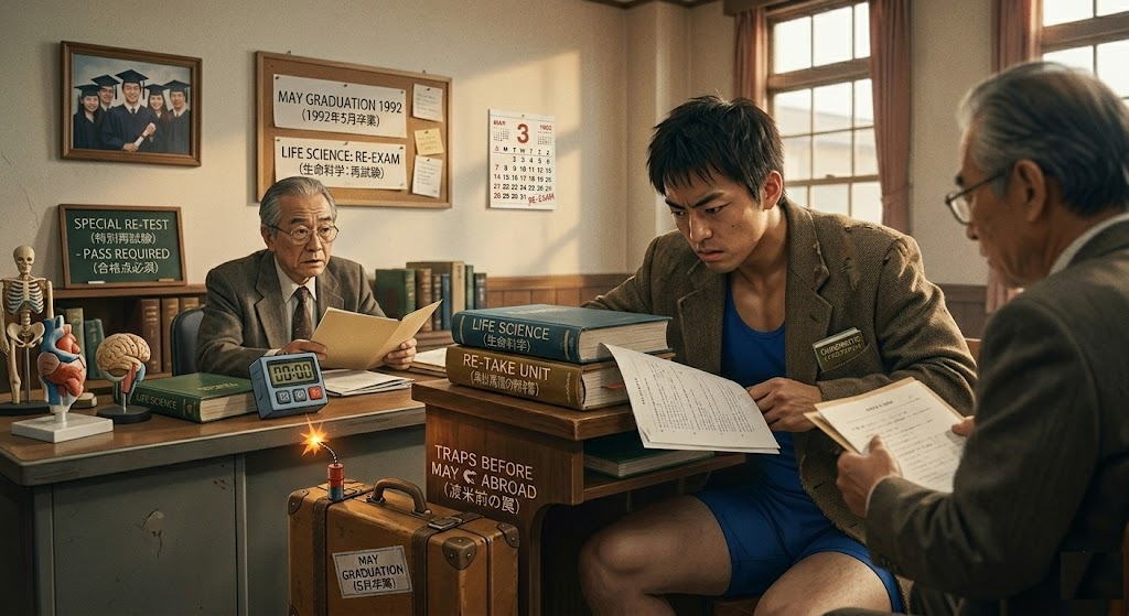 1992年3月、アメリカ留学 トラブルを避けるため、教授室で生命科学の特別再試験に挑む、筋肉質な若い日本人の男子学生(榊原直樹氏)。