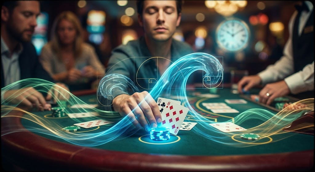 象徴的な Blackjack テーブルの上を、光り輝くエネルギーの波が「潮の満ち引き」のように流れている。ギャンブルと人生の共通点である「ツキの流れ」を、波打つフェルトと流れる光で表現したメタファー画像。
