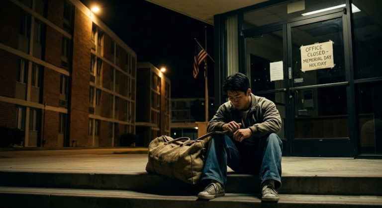 夜の閉鎖された学生寮の前で、ずた袋を傍らに置き途方に暮れる若い日本人男性。アメリカ留学 初日 トラブルの絶望感を表現したアイキャッチ画像。