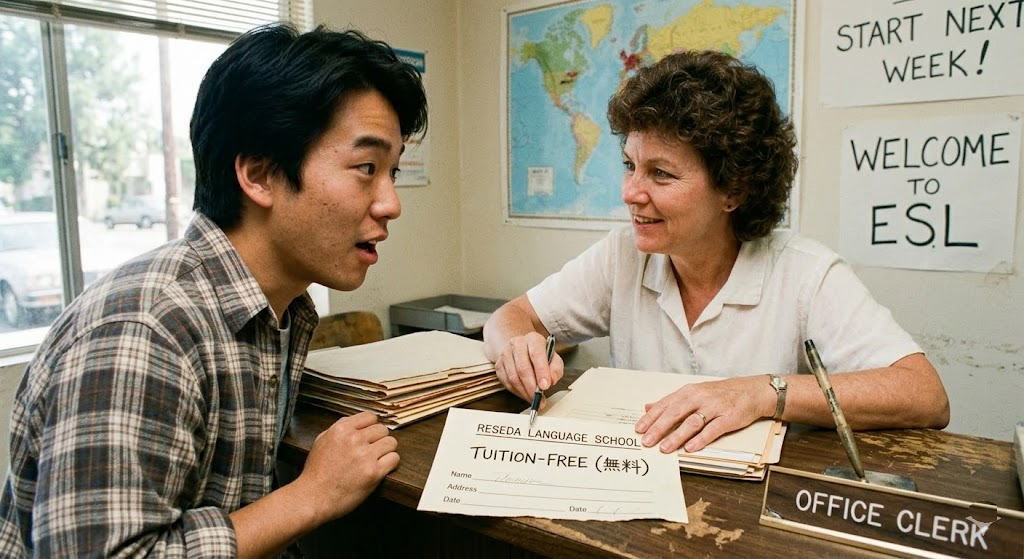 1990年代初頭の、太陽光が差し込むレシーダ語学学校の事務室。若い日本人男性（主人公）が、親切そうな中年の白人事務員から、はっきりと「TUITION-FREE (無料)」と書かれた登録用紙を差し出されている。主人公は驚きと期待が入り混じったワクワクした表情で登録用紙を見つめている。背景には世界地図や手書きの「WELCOME TO ESL」「START NEXT WEEK!」のポスターが貼られ、ネームプレートには「OFFICE CLERK」と書かれている。